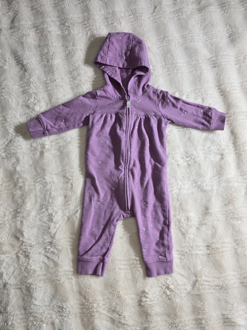 Carter's 6M Purple Heart Hooded Zip Coverall Cotton Knit Glitter Accents